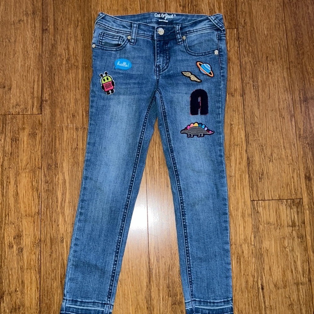 Cat & Jack Girls Super Skinny Adjustable Waist Stretch Jeans with Patches size 7